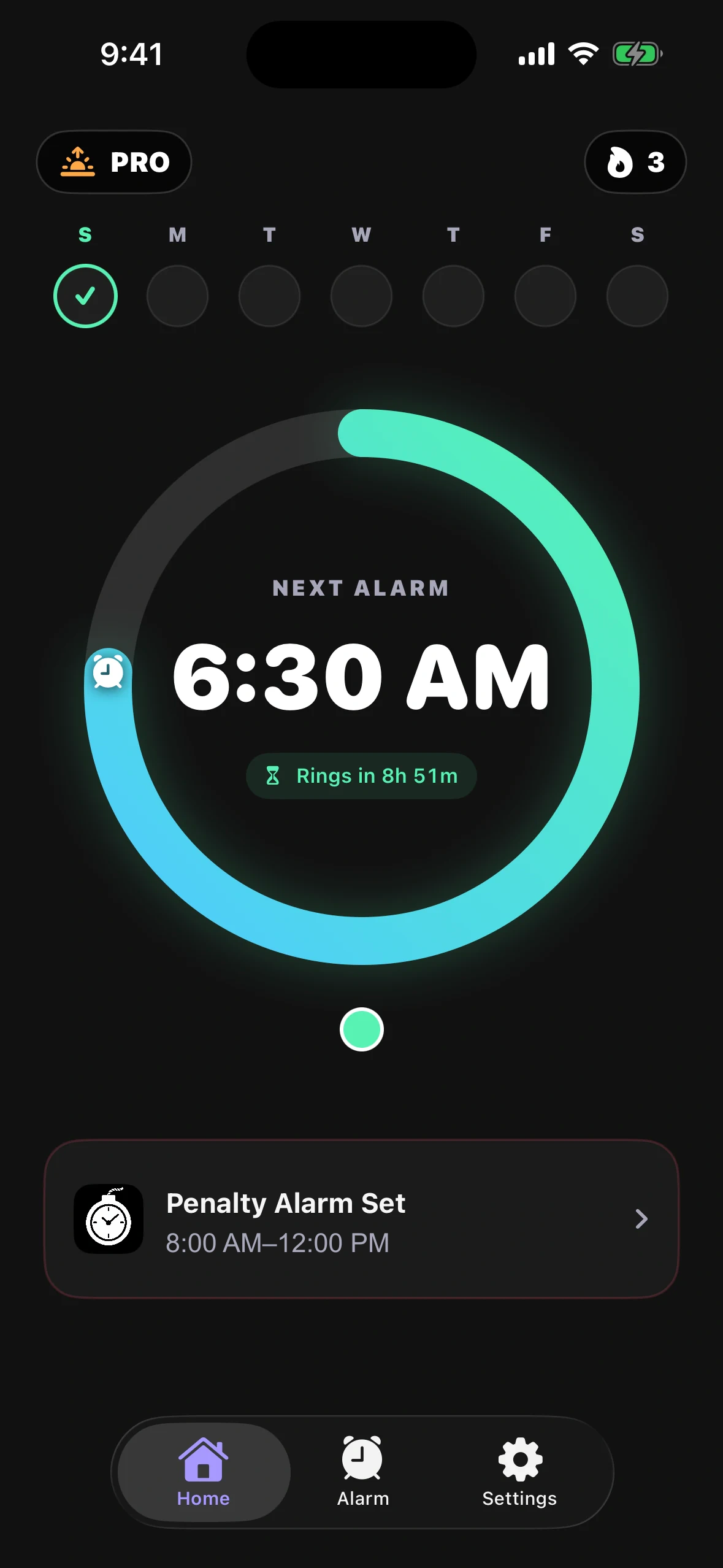 Complete WakeBomb Home screen showing an example Penalty Alarm window from 8:00 AM to 12:00 PM