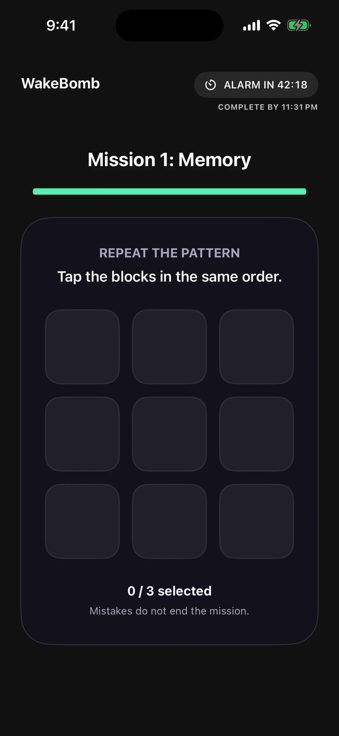WakeBomb Memory mission showing a nine-block pattern