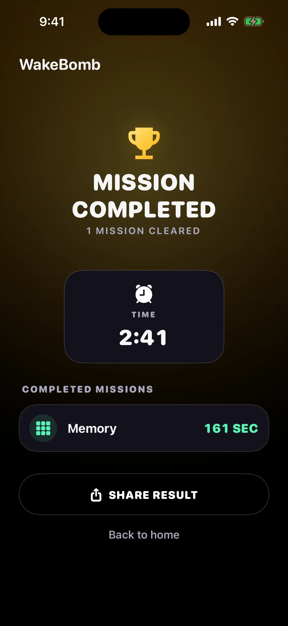 WakeBomb mission completed screen with a trophy