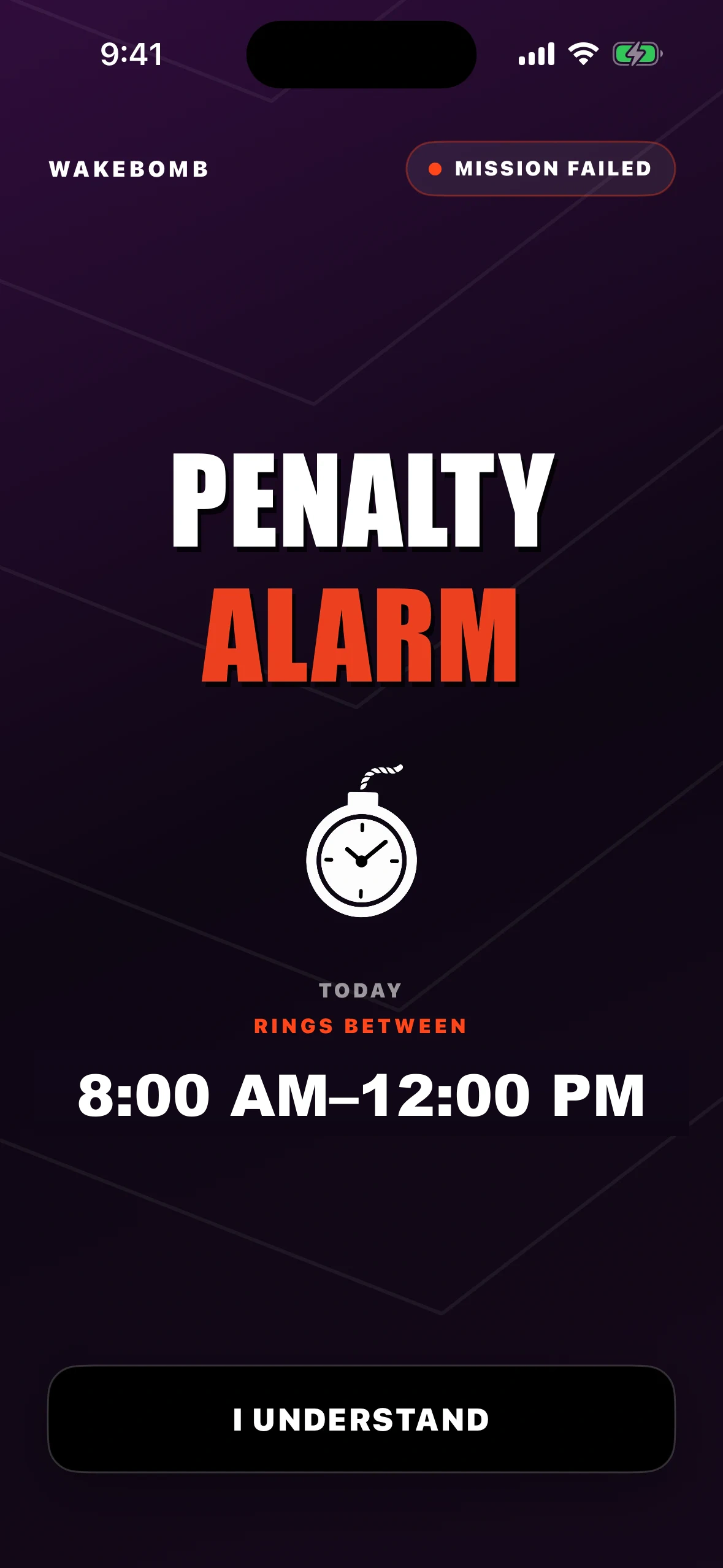 Complete WakeBomb mission failed screen showing an example Penalty Alarm window from 8:00 AM to 12:00 PM