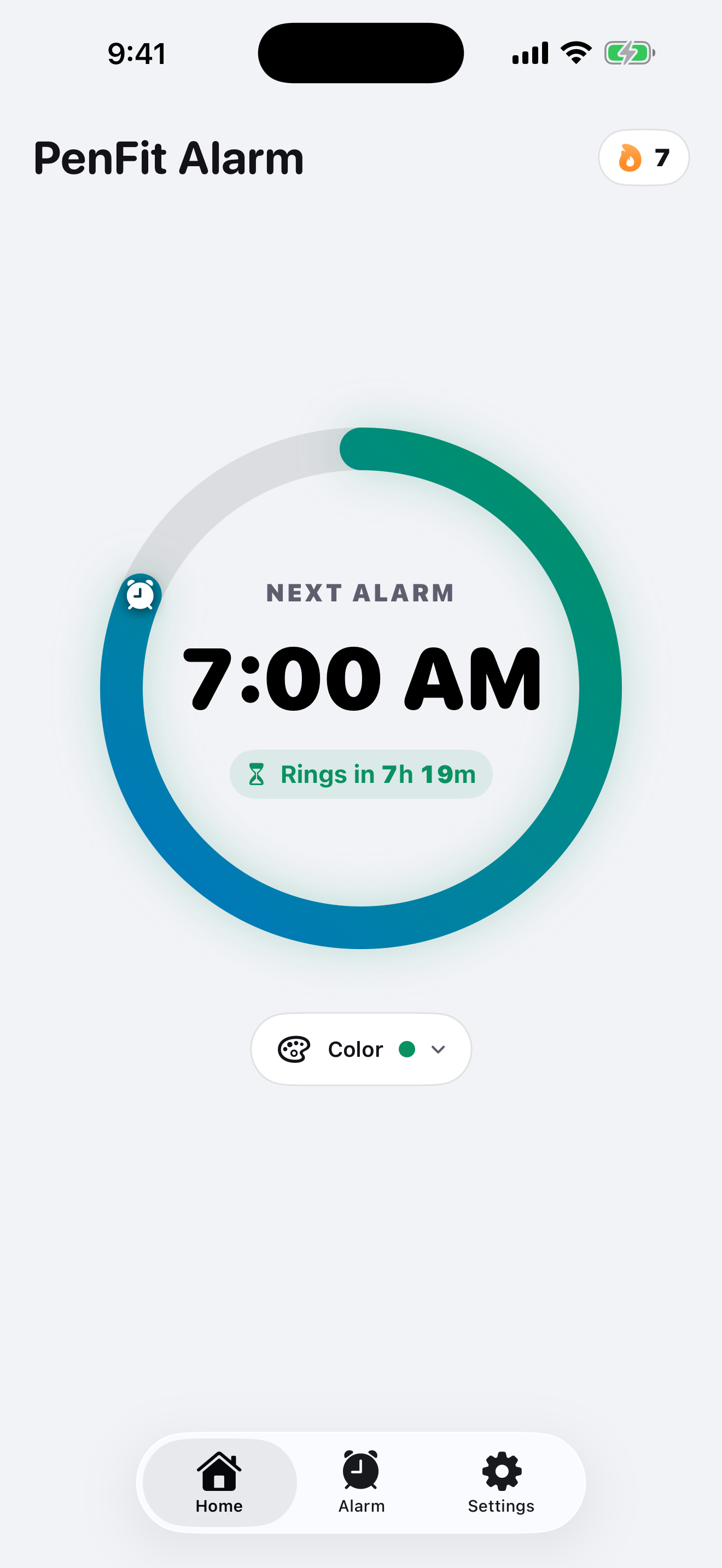 Current PenFit Alarm Home screen in light mode, with the next alarm, countdown ring, wake-up log, and color selection
