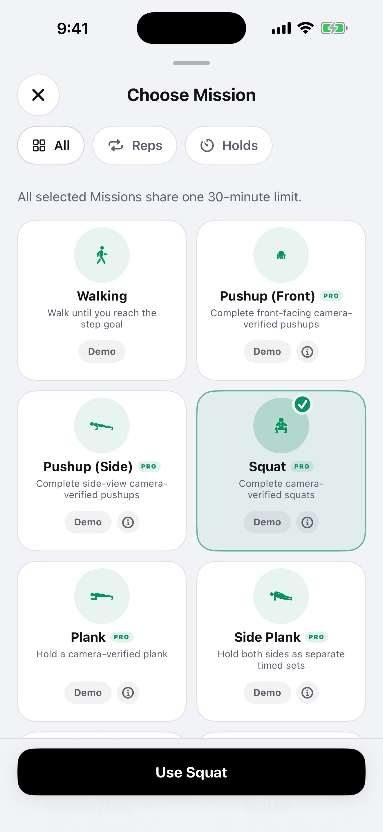 PenFit Alarm mission selection screen with exercise pictograms