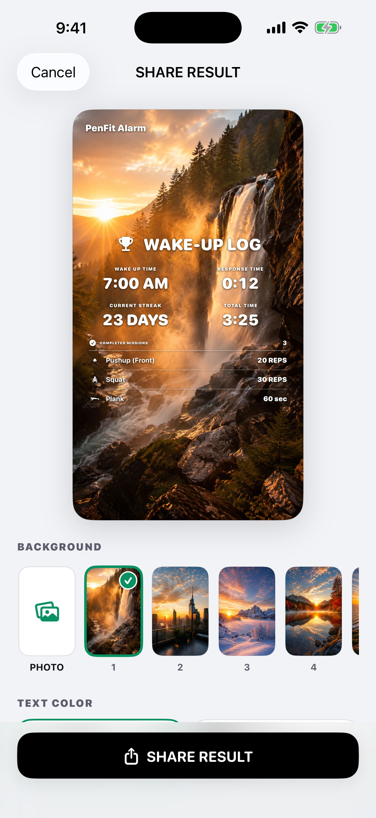 PenFit Alarm result sharing screen with wake-up statistics and background customization